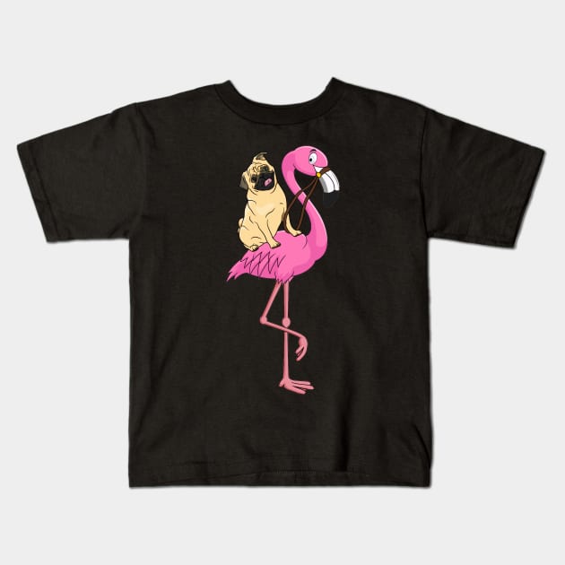 Pug Rider Flamingo Funny Kids T-Shirt by cruztdk5